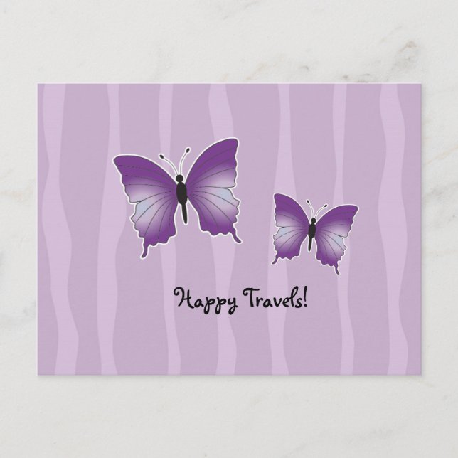 Postal con mariposa morada Felices viajes (Anverso)