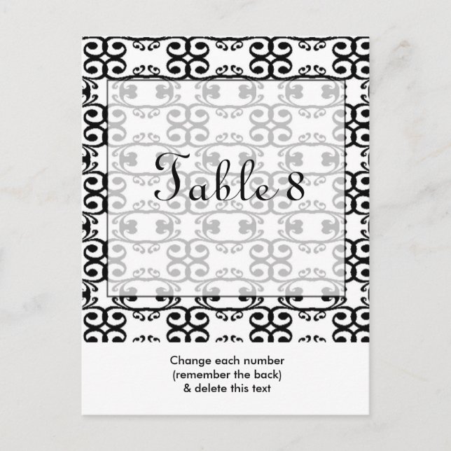 Postal con número de tabla de Boda blanco negro (Anverso)