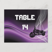 Postal con número de tabla de boda de motociclista