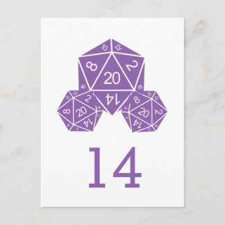 Postal con número de tabla de dados D20 púrpura