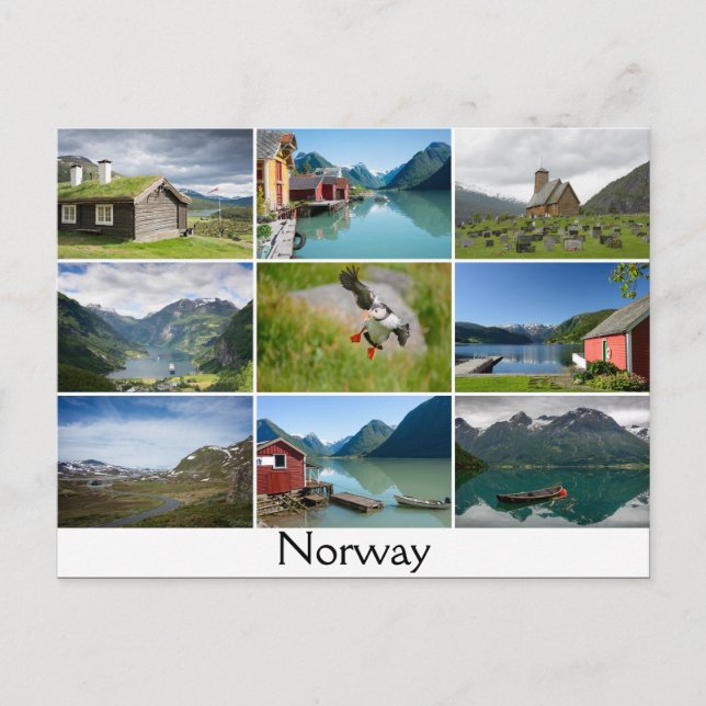Postal con paisajes y el texto: 'Noruega' (Anverso)