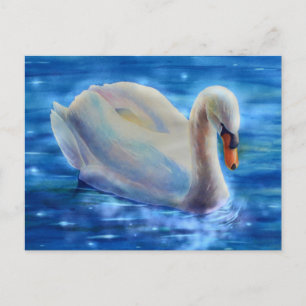 Postal con pintura de acuarela de cisne blanco