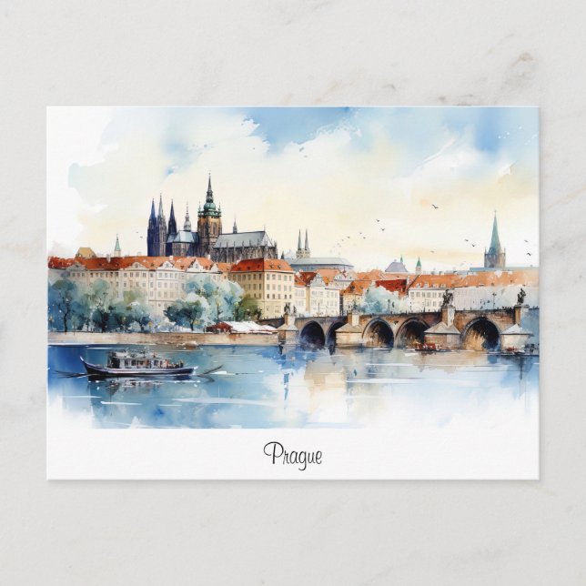 Postal con Praga, paisaje pintado. (Anverso)