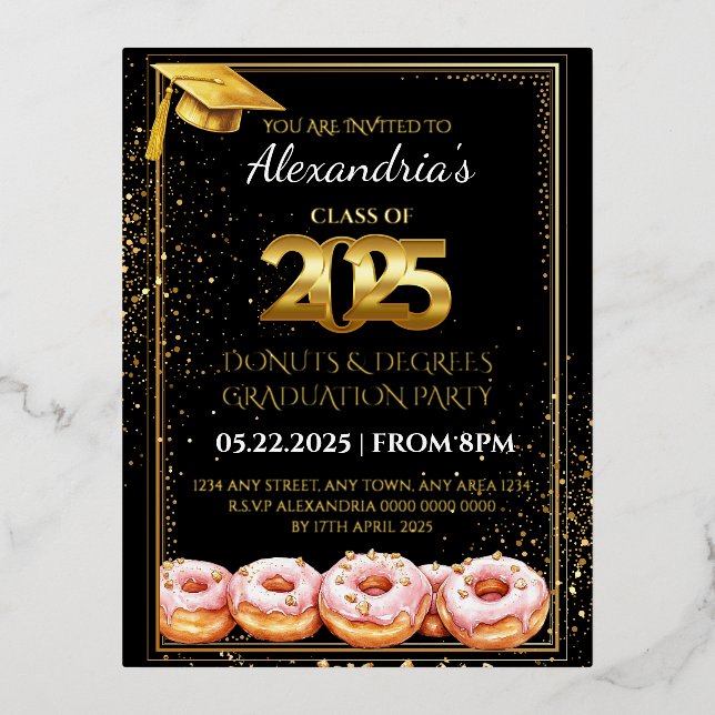 Postal Con Relieve Metalizado 2025 Invitación a graduación de Donuts y Grados (Anverso)