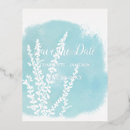 Postal Con Relieve Metalizado Invitación de lavado de acuarela botánica azul Aqu