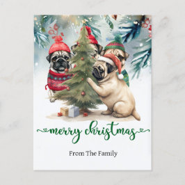 Postal con temática de Navidades de perro pug