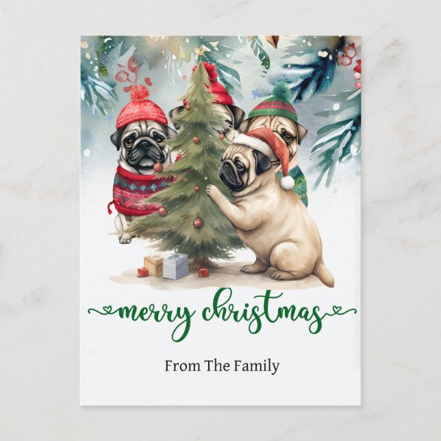 Postal con temática de Navidades de perro pug (Anverso)