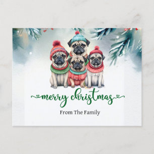 Postal con temática de Navidades de perro pug