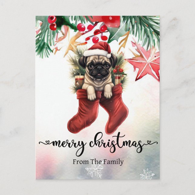 Postal con temática de Navidades de perro pug (Anverso)
