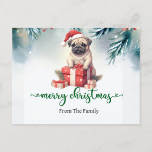 Postal con temática de Navidades de perro pug