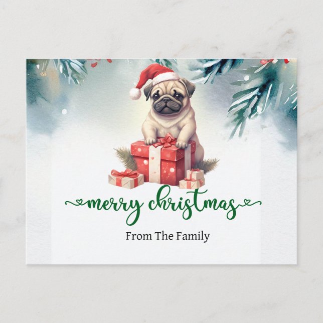 Postal con temática de Navidades de perro pug (Anverso)