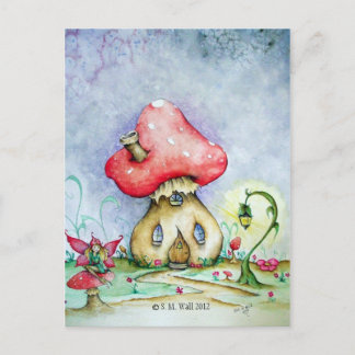 Postal con toadstool House, correo de hadas y lámp