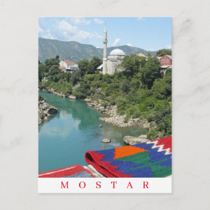 Postal con vistas al río Mostar y a la mezquita