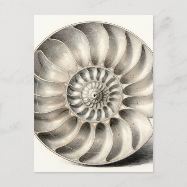 Postal Concha Espiral Geométrica Nautilus Metálico (Anverso)
