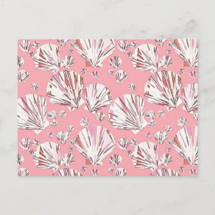 Postal conchas de coral, blancas y rosas, fondo rosa