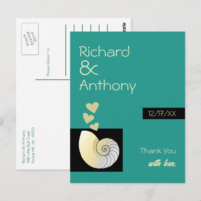 Postal Conchas y Corazones, Agradecimiento de Boda en la  (Anverso / Reverso)