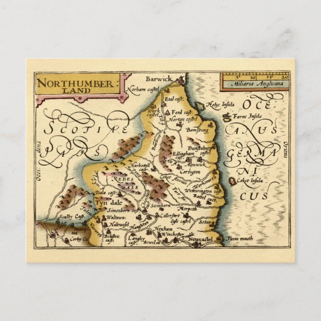 Postal Condado de Northumberland Inglaterra Mapa Antiguo  (Anverso)