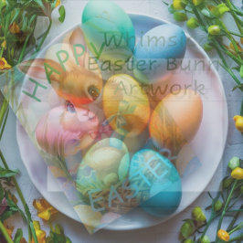 Postal Conejito adorable de Pascua en cesta con huevos