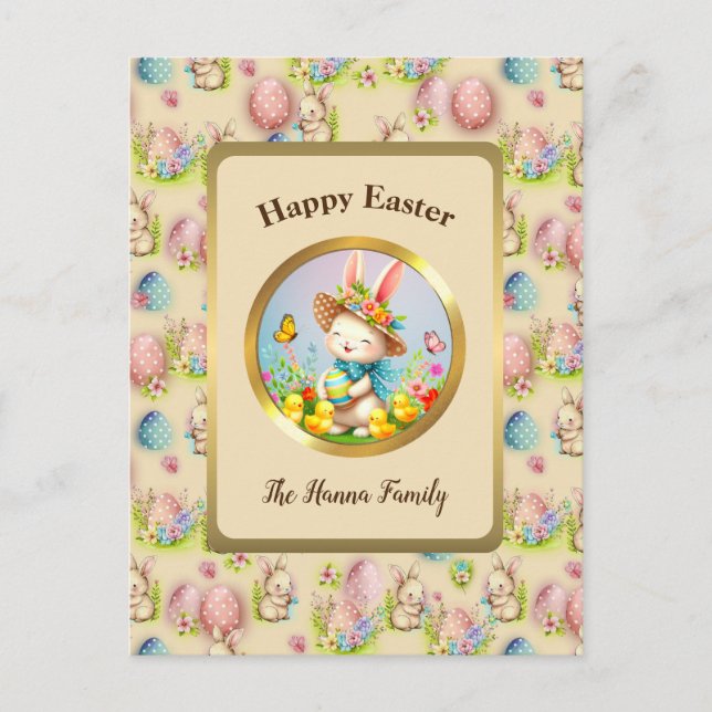Postal Conejito de Pascua adorable y flores felices de pr (Anverso)
