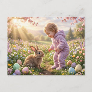 Postal Conejito de Pascua y niño