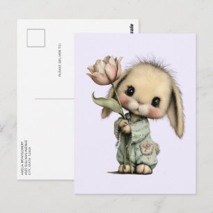 Postal Conejito Lindo Sosteniendo un Tulipán