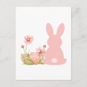 Postal Conejito rosa de Pascua con flores de primavera