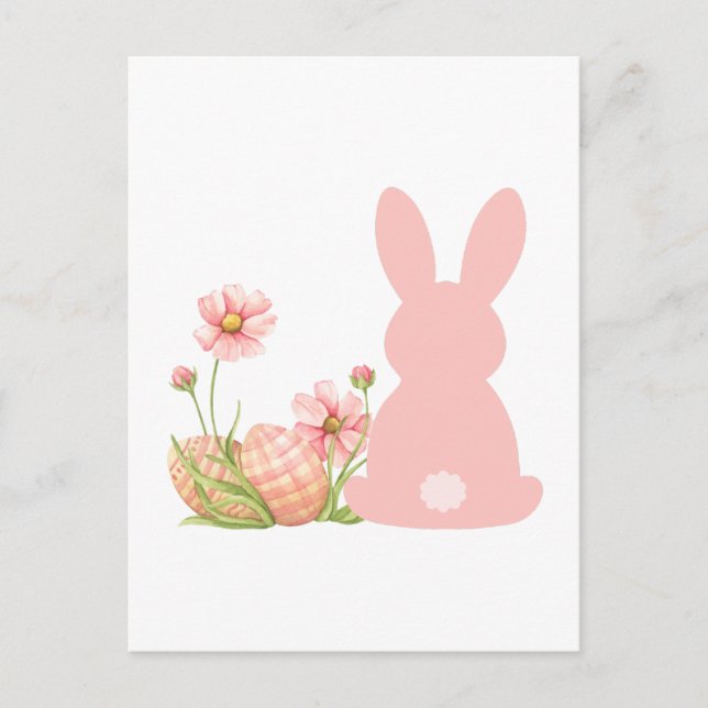 Postal Conejito rosa de Pascua con flores de primavera (Anverso)