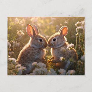 Postal Conejitos Adorables en Diseño de Prado de Primaver