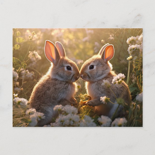 Postal Conejitos Adorables en Diseño de Prado de Primaver (Anverso)