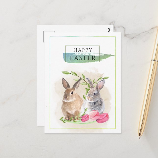 Postal Conejitos de Pascua Lindos | Feliz Pascua Arte Acu (Anverso/Reverso In Situ)