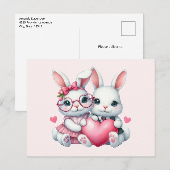 Postal Conejitos lindos compartiendo un corazón (Anverso / Reverso)