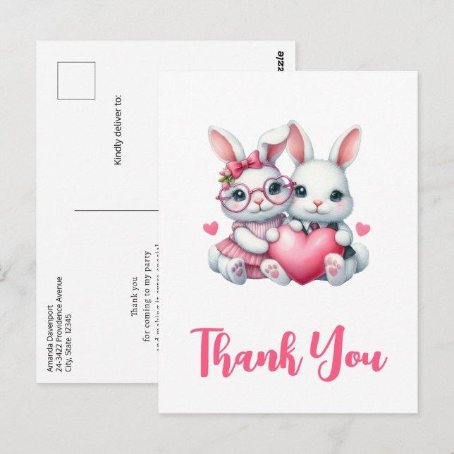 Postal Conejitos lindos compartiendo un corazón Gracias (Anverso / Reverso)