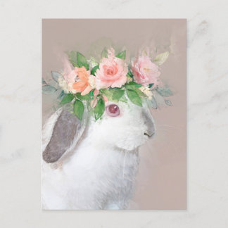Postal Conejo Adorable con retrato de la Corona de Flores