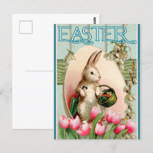 Postal Conejo Antiguo Tulipán Floral y Huevo de Pascua