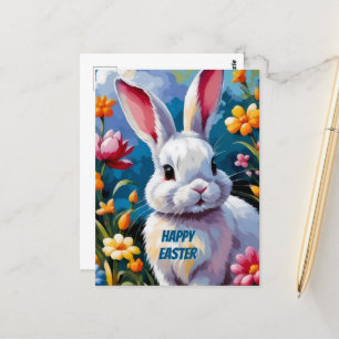 Postal Conejo blanco adorable rodeado de flores vibrantes