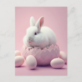 Postal Conejo blanco de Pascua y fondo rosado de huevos