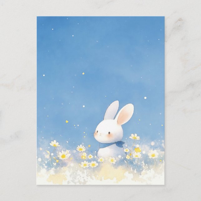Postal Conejo Blanco Dulce en la Pradera del Cielo Azul (Anverso)