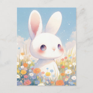 Postal Conejo Blanco Dulce en Pradera Pastel