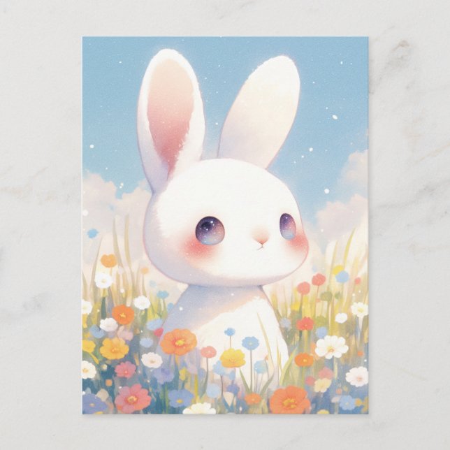 Postal Conejo Blanco Dulce en Pradera Pastel (Anverso)