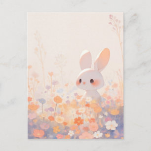 Postal Conejo Blanco Dulce en Pradera Pastel