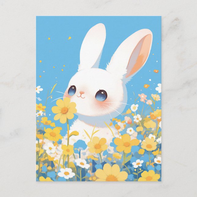 Postal Conejo Blanco Dulce en Pradera Soleada de Flores S (Anverso)