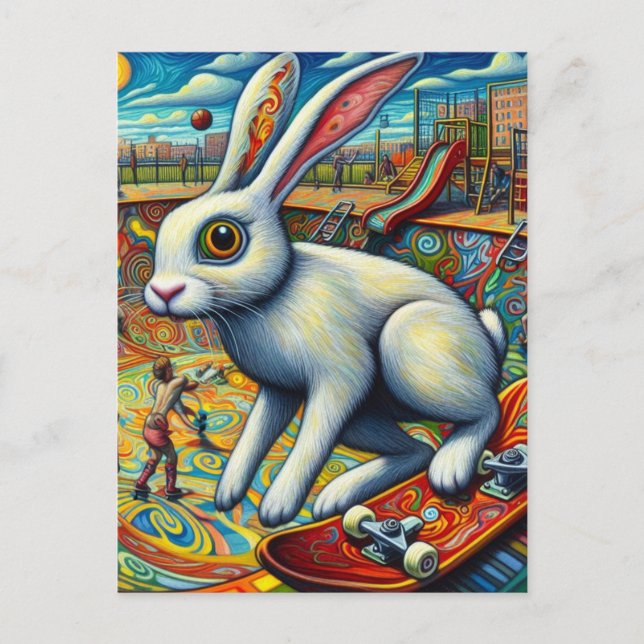 Postal Conejo Blanco Haciendo Skateboarding Diversión Col (Anverso)