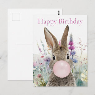 Postal Conejo chicle rosa Feliz cumpleaños