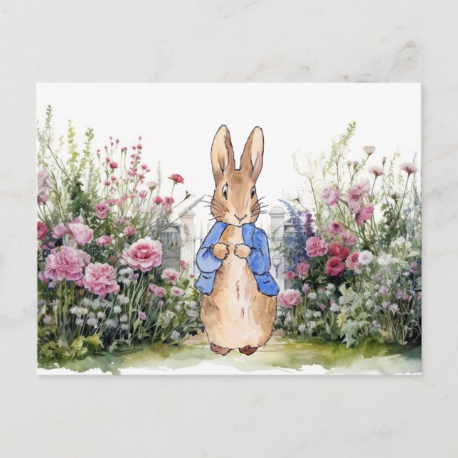 Postal Conejo clásico en azul en su jardín (Anverso)