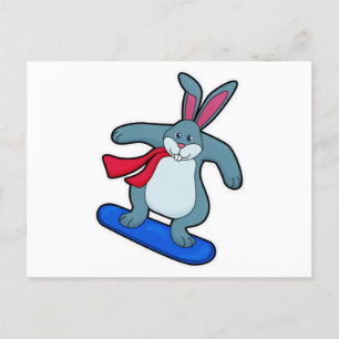 Postal Conejo como snowboarder con snowboard y bufanda