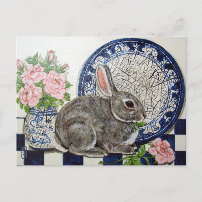 Postal Conejo Cute Conejo Pintar Dedham Plate Arte Floral (Anverso)