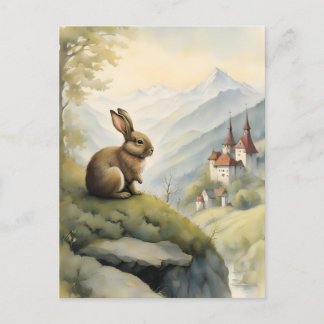 Postal Conejo Cute y un castillo místico en las montañas
