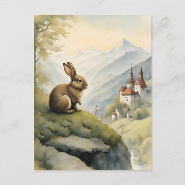 Postal Conejo Cute y un castillo místico en las montañas (Anverso)
