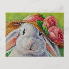 Postal Conejo de conejo blanco en primavera Bonnet Waterc