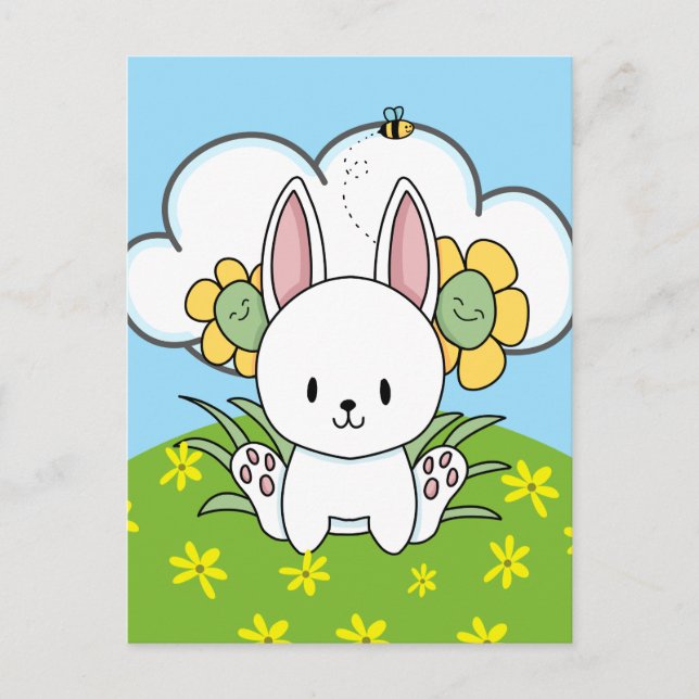 Postal Conejo de dibujos animados y flores felices (Anverso)